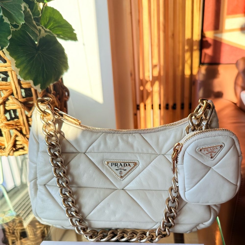 Prada Cream Quilted Shoulder Bag with Gold Chain